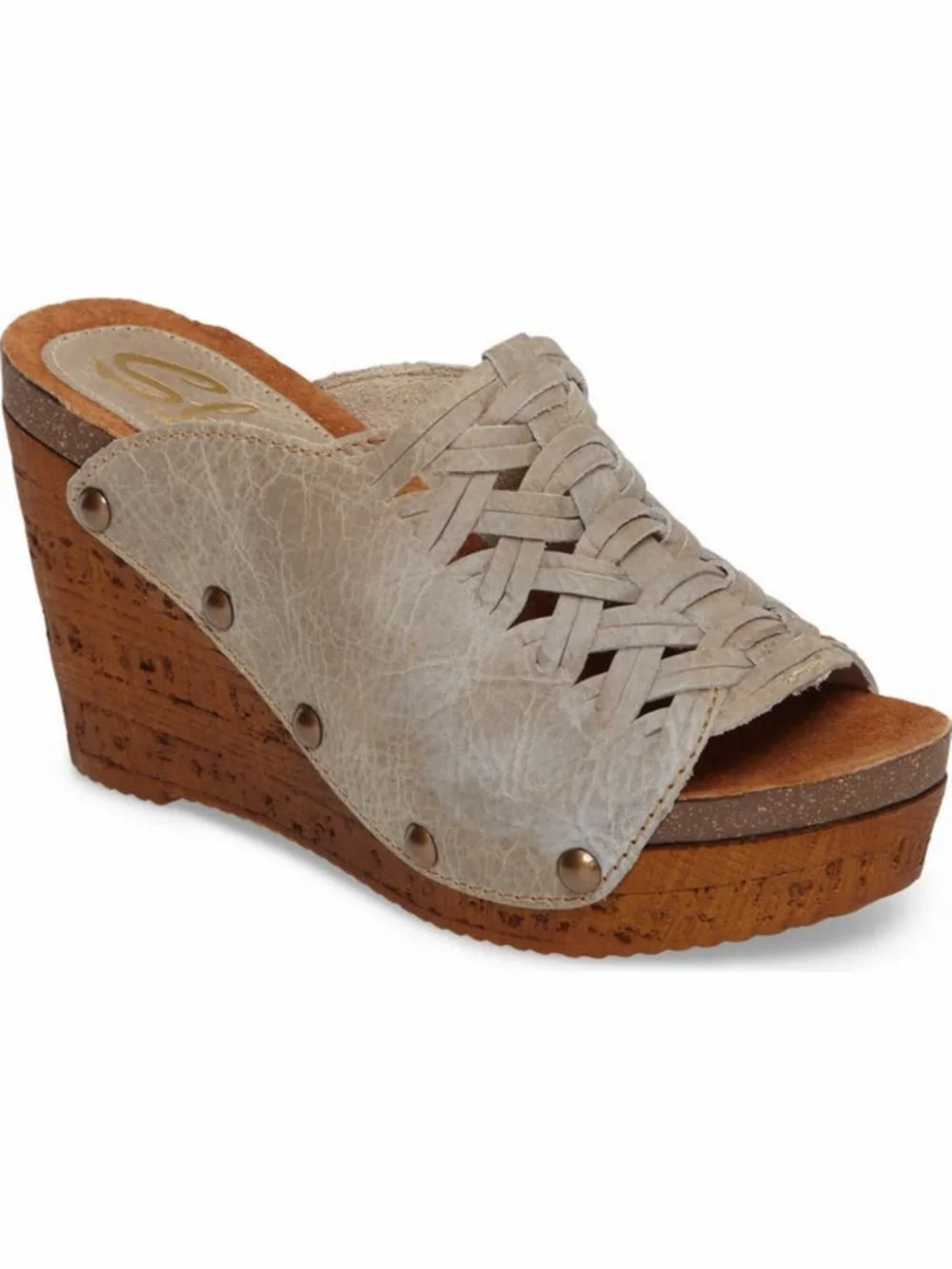 Sbicca Genesis Woven Leather Studded Taupe Boho Platform‎ Wedge Sandals